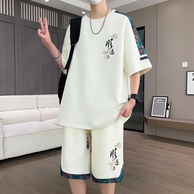 2025套装男夏季新款宽松冰丝圆领短袖t恤帅气休闲青年民族风潮流