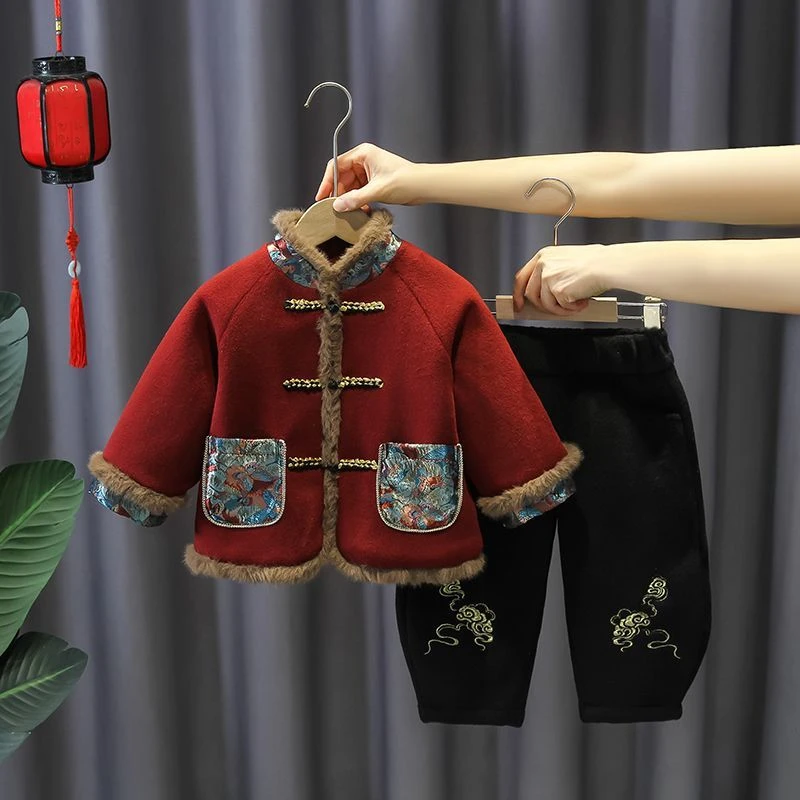 儿童汉服2025新款儿童冬季夹棉加厚两件套男宝冬季新中式周岁礼服