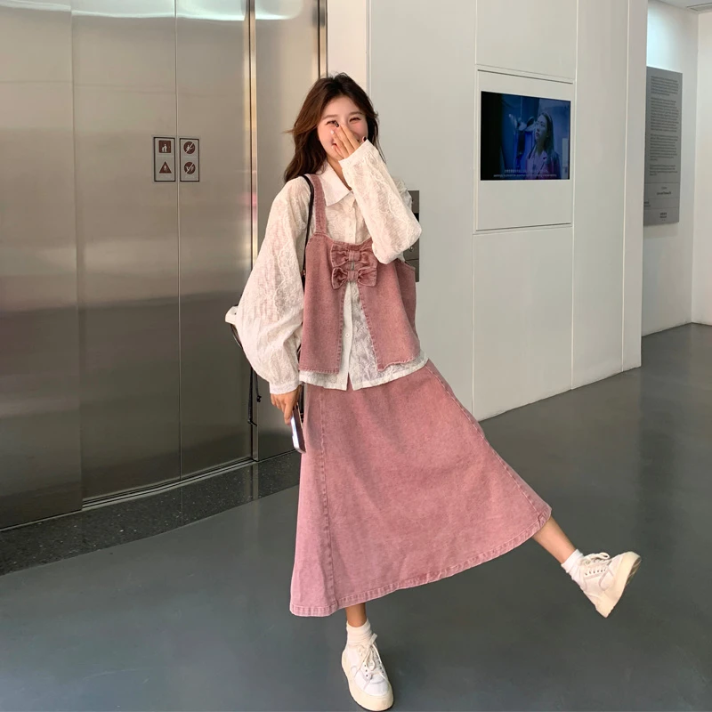 复古甜美风牛仔吊带衬衫半裙套装2025春秋新款盐甜系氛围感三件套