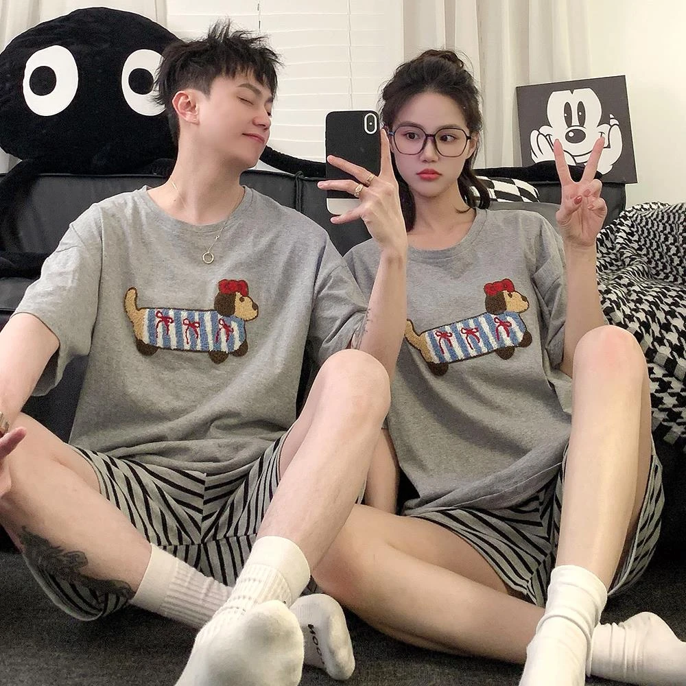 全棉情侣睡衣女款春秋夏季纯棉短袖短裤腊肠狗男士家居服套装薄款
