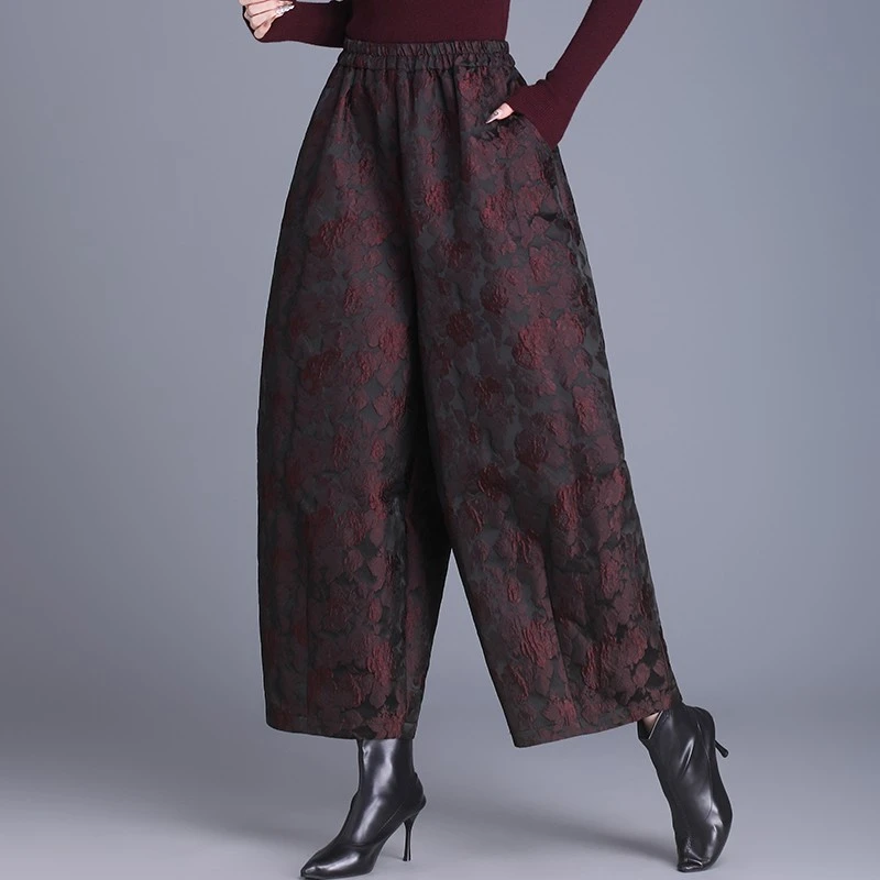 高档提花灯笼阔腿裤女士春秋冬新款加绒加厚妈妈直筒九分花苞裤子