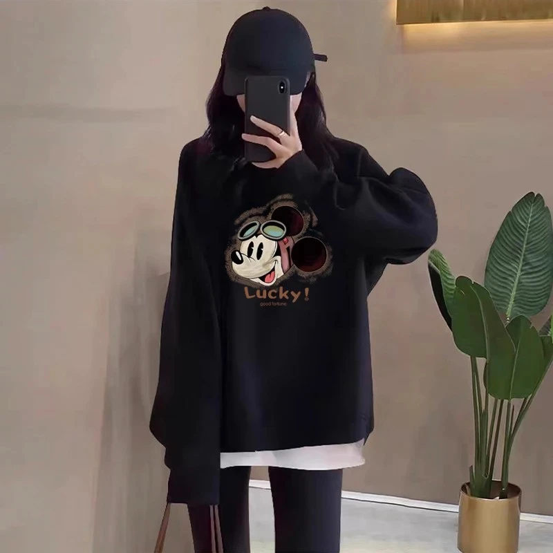 假两件圆领卫衣女2026秋冬新款宽松中长款遮屁股加绒加厚拼接上衣