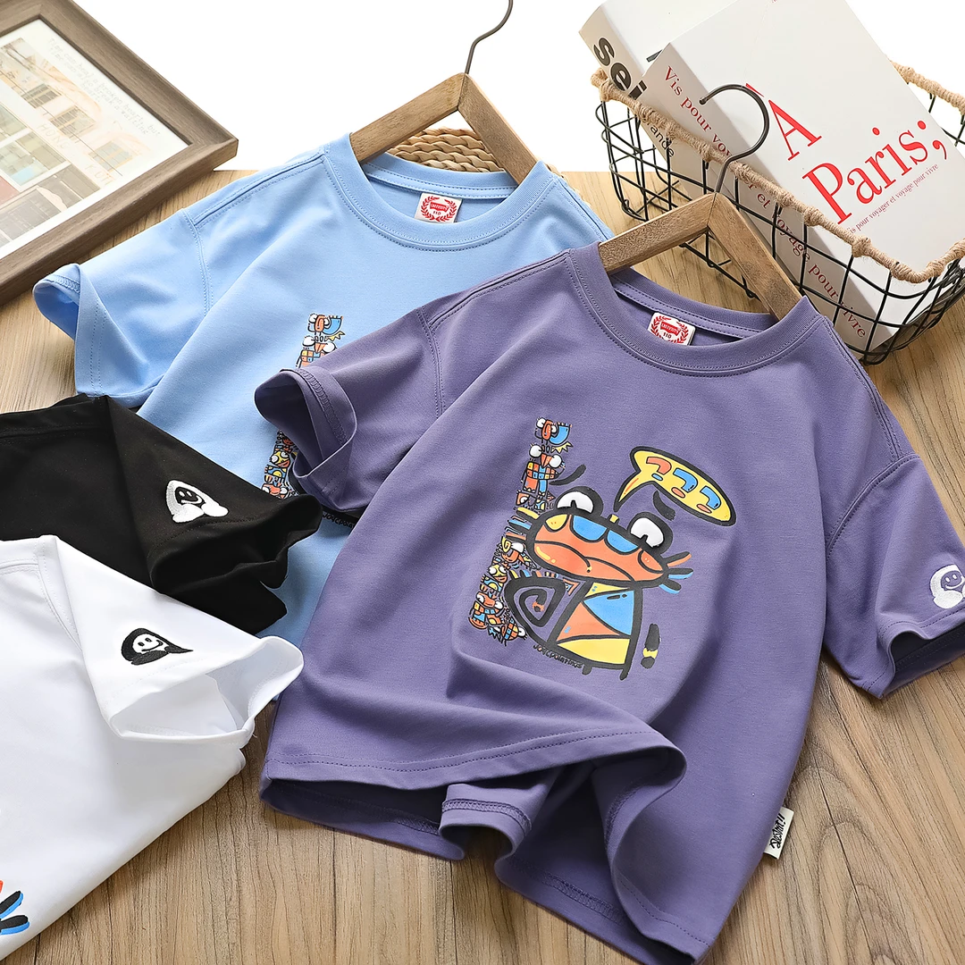 夏季儿童卡通印花中大童圆领纯棉休闲短袖T恤 915