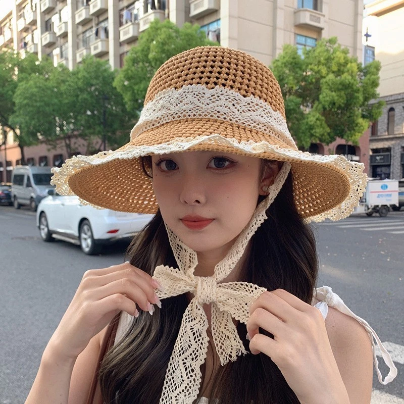 春夏新款法式草帽蕾丝花边防晒帽夏季海边沙滩遮阳帽居家日用