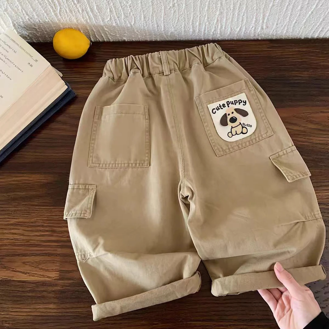 儿童休闲裤男秋季款小童口袋长裤纯色潮牌宝宝休闲直筒裤女洋气