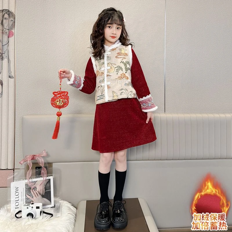 巴拉巴拉女童红色拜年服套装儿童秋冬女宝宝中国风加绒连衣裙公主