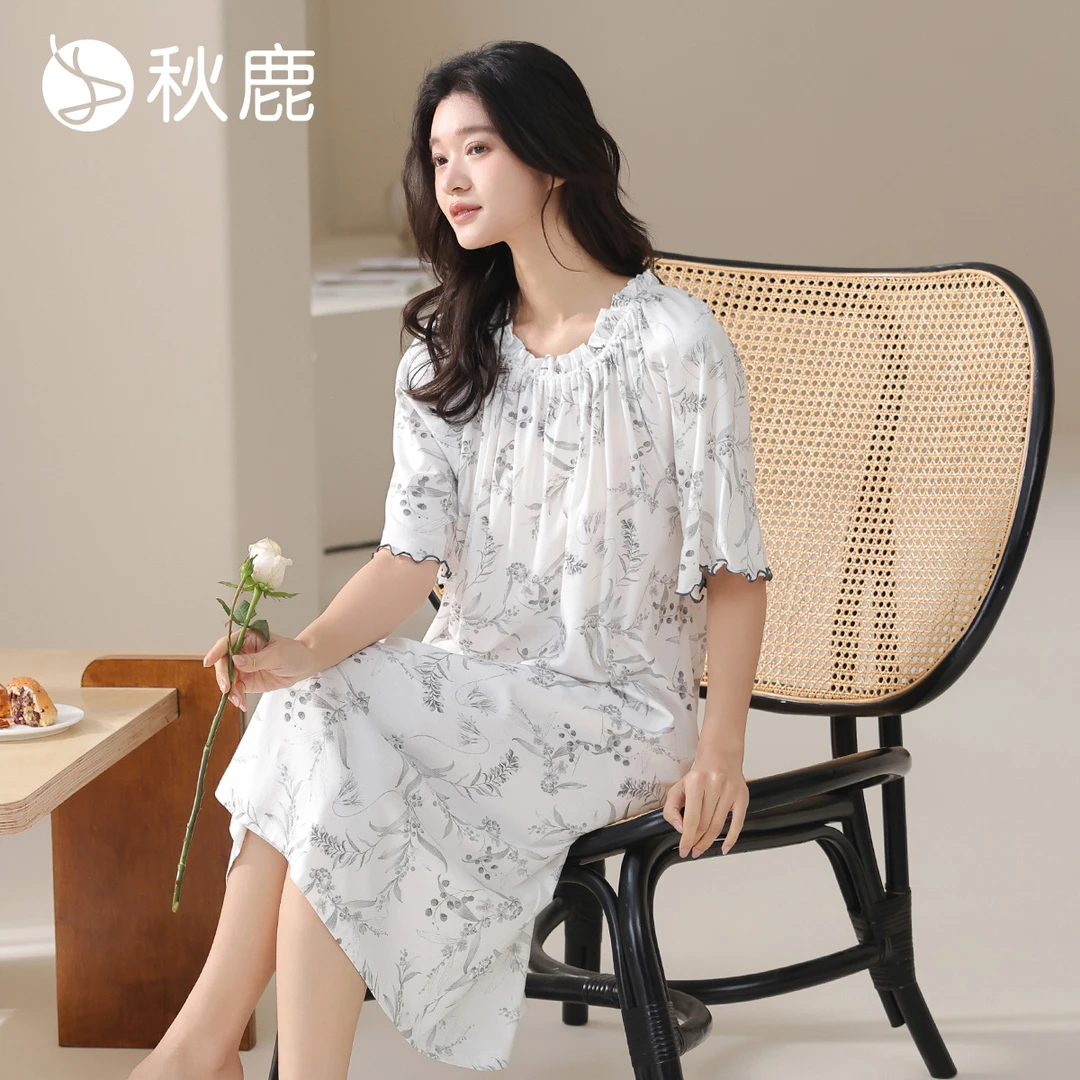 针织单面抗菌印花圆领插肩短袖女裙