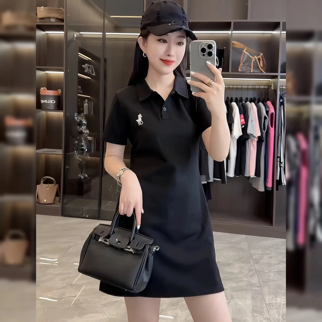 夏季连衣裙Polo领短袖T恤裙减龄刺绣A字连衣裙气质运动裙新款长款