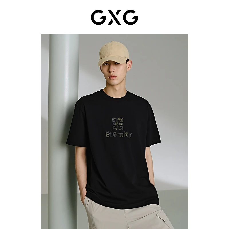 GXG男装 黑色潮流图案短袖T恤 夏季休闲男士#G24X442035