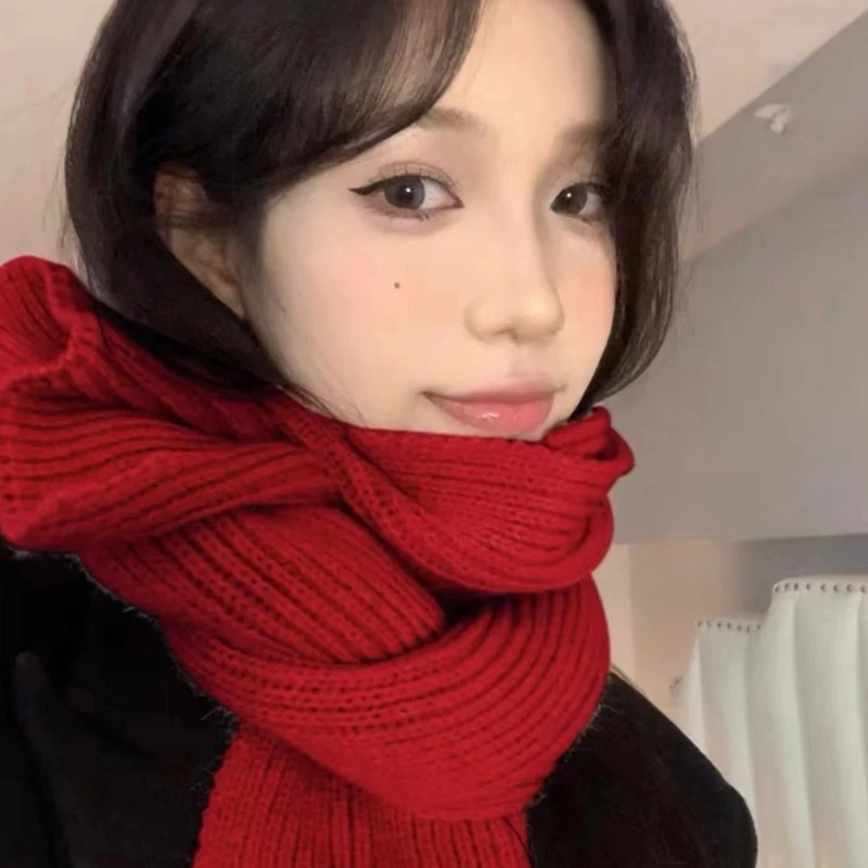 针织围巾围脖新年红色氛围感ins韩版时尚百搭保暖防寒纯色秋冬季