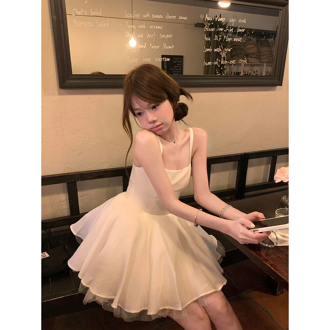2025韩系减龄仿醋酸芭蕾裙吊带无袖连衣裙法式千金蓬蓬裙短裙女夏