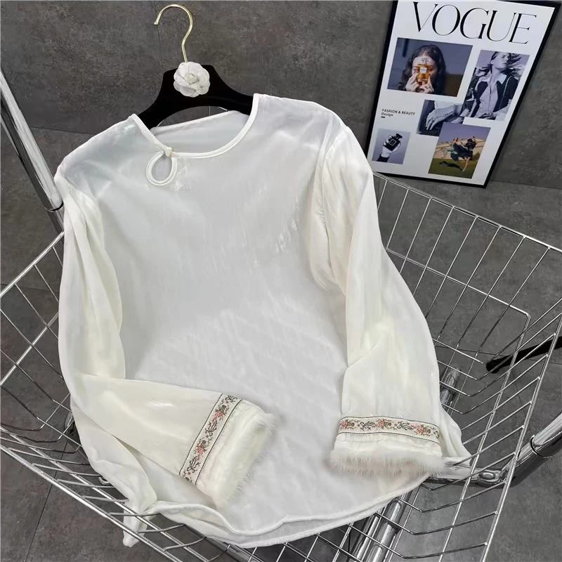 白色新中式丝绒小衫2025春季新款圆领袖口刺绣宽松衬衫打底衫