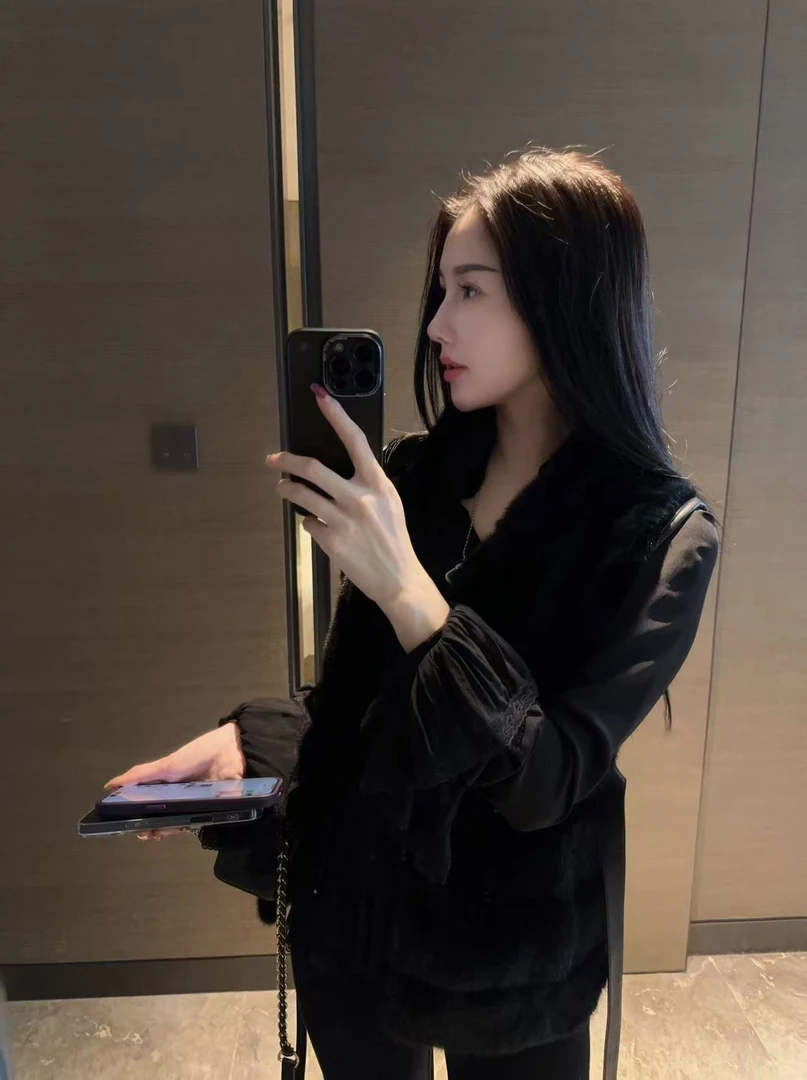 老钱高级水貂马夹秋冬翻领LL-LLL系带短款V领中长款女M咖啡色无袖