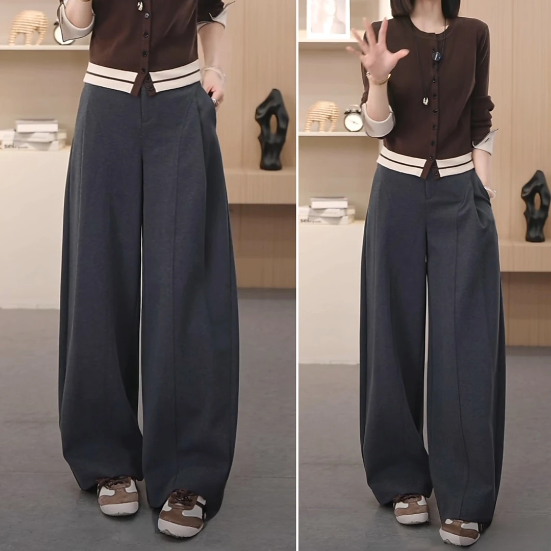 秋冬季毛呢阔腿裤女2025新款裤子韩系慵懒风休闲裤高腰显瘦弯刀裤