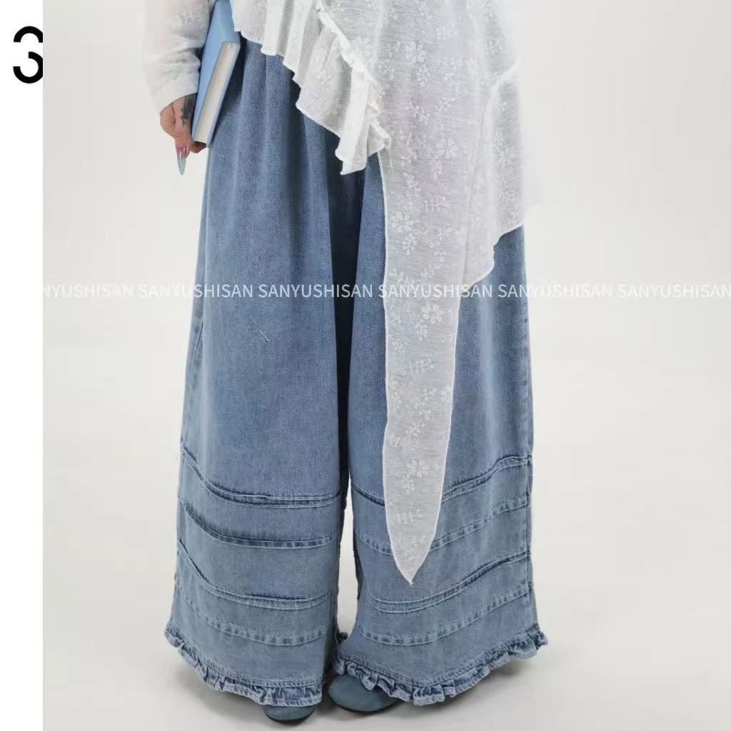 三与十三|丹宁日记|森系新款风琴褶花边宽松蓝色高腰阔腿裤