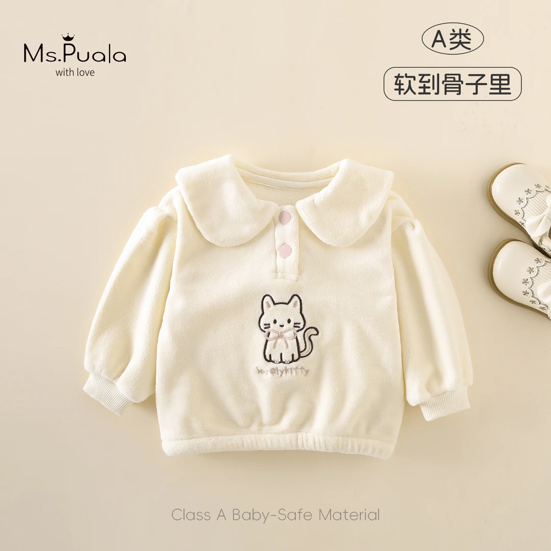 【MsPuala波尔】童装婴幼儿女宝宝秋冬款可爱猫咪加绒套头翻领卫衣
