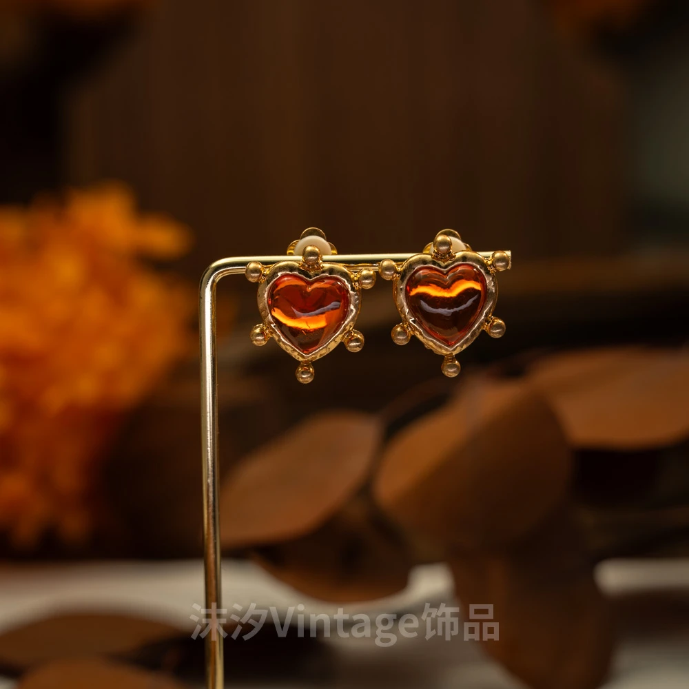 铜合金树脂耳饰 大桃心耳夹法国专柜复刻菲利普琉璃树脂中古耳饰