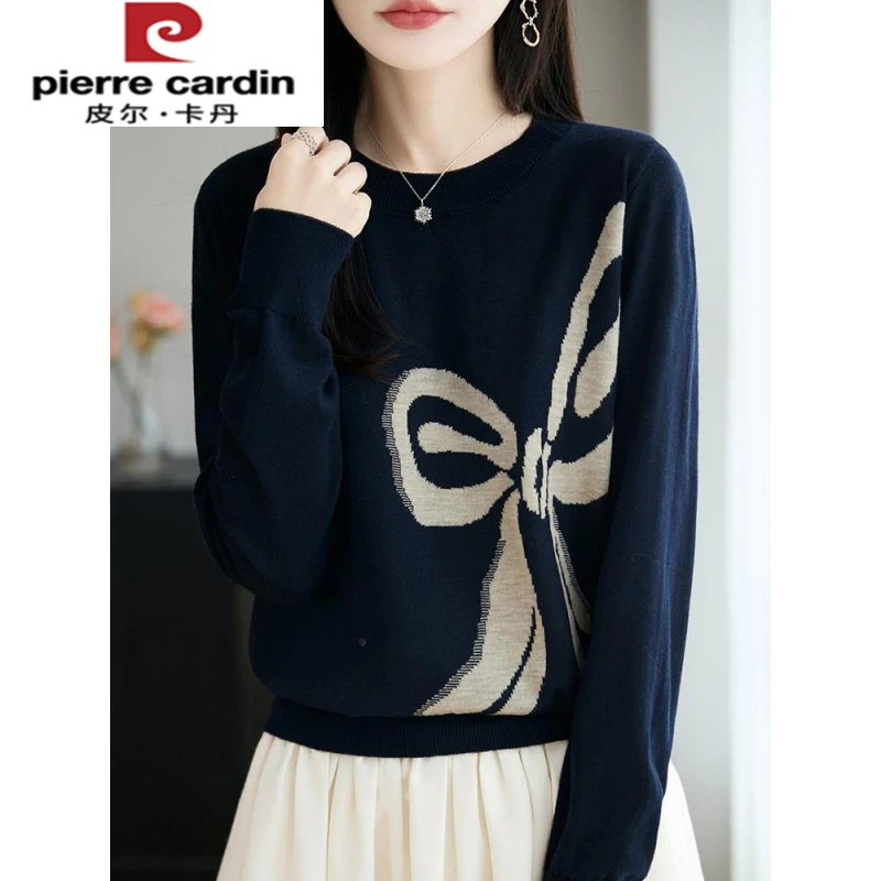 皮尔卡丹早秋蝴蝶结提花针织打底衫女2025新款春秋洋气大码女装秋