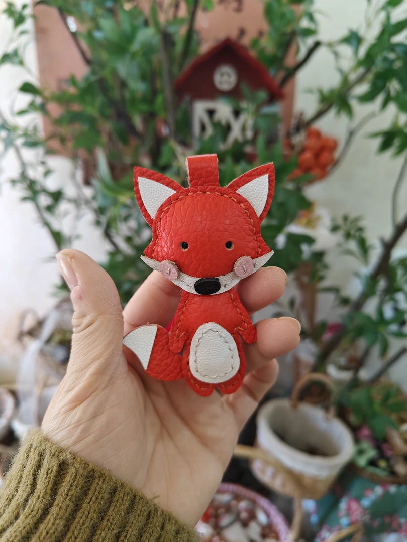 桔色小狐狸头层牛皮手工缝制包挂件钥匙扣可爱礼物纯皮真皮