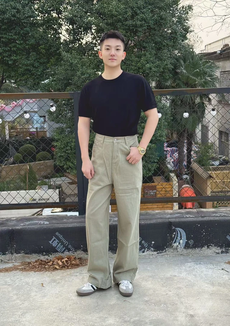 JIANGCHEN/夏季重工排扣裤脚设计直筒牛仔裤