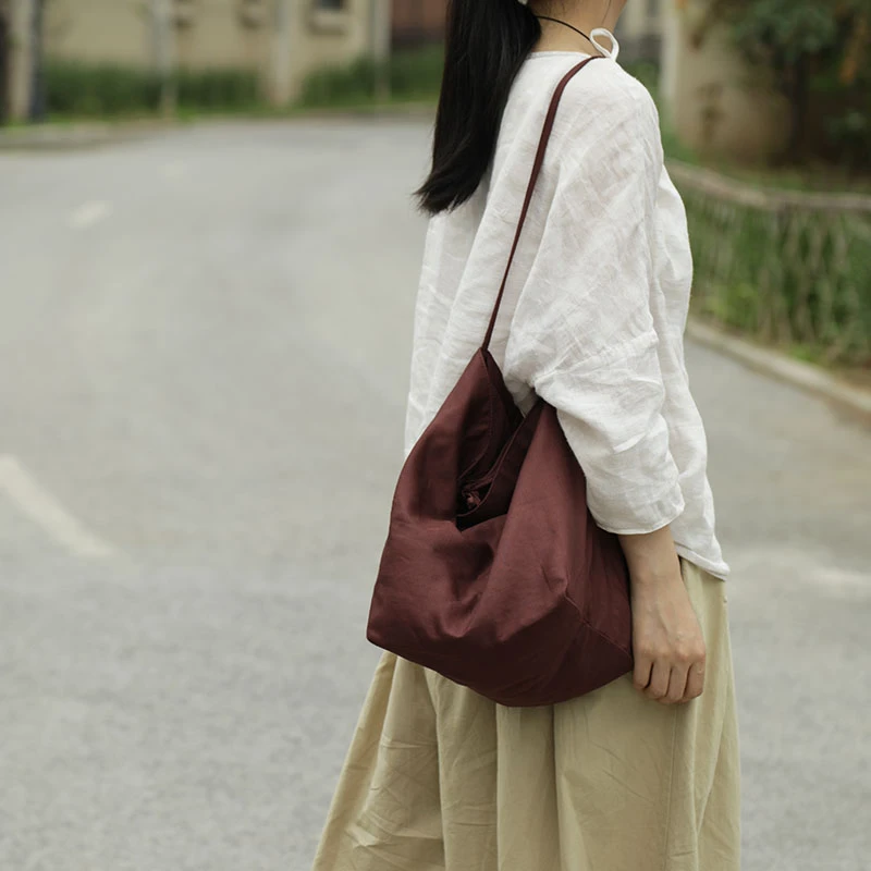 庸庸棉麻文艺布包原创大容量托特通勤水桶包小众单肩轻便帆布包