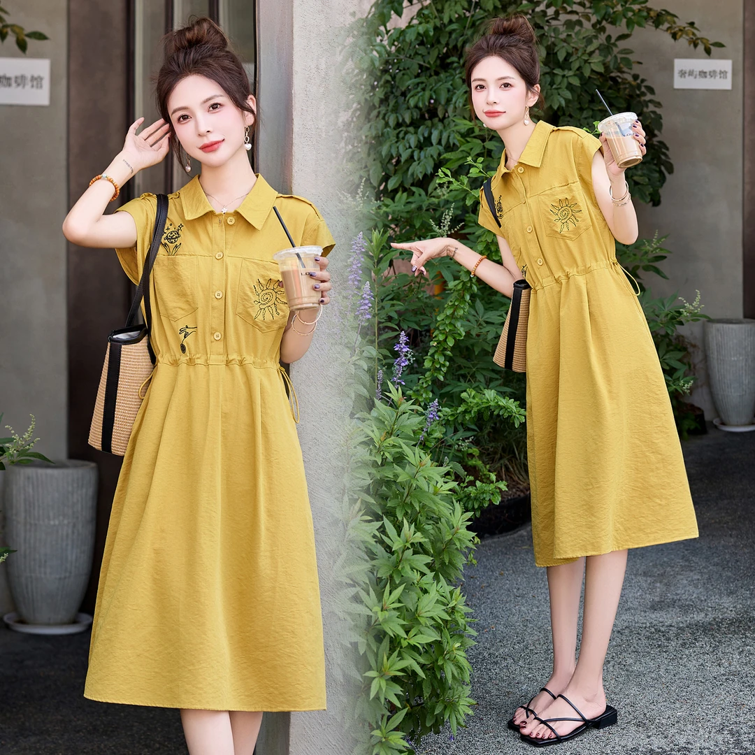 韩系气质刺绣衬衫连衣裙女2025夏季新款休闲时尚抽绳收腰显瘦裙子