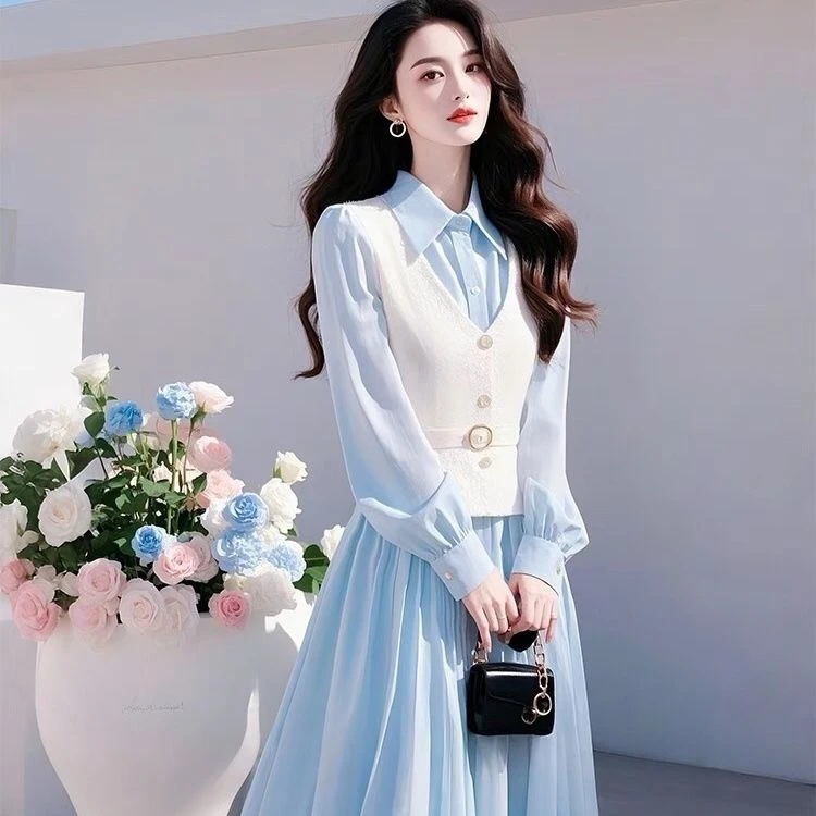 AMI.FS  穿搭一整套漂亮女韩系小香风浅蓝色连衣裙搭配马甲两件套