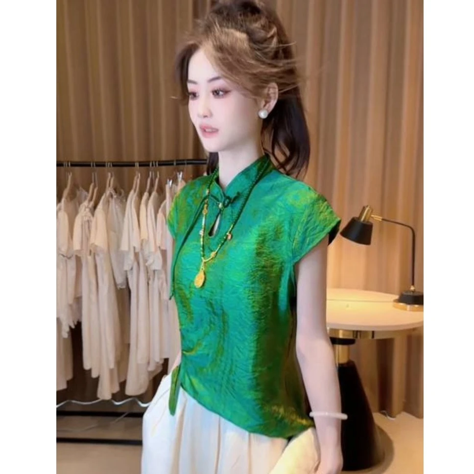 中式国风女装2025新款夏季高级感减龄气质绿色衬衫杏色阔腿裤套装