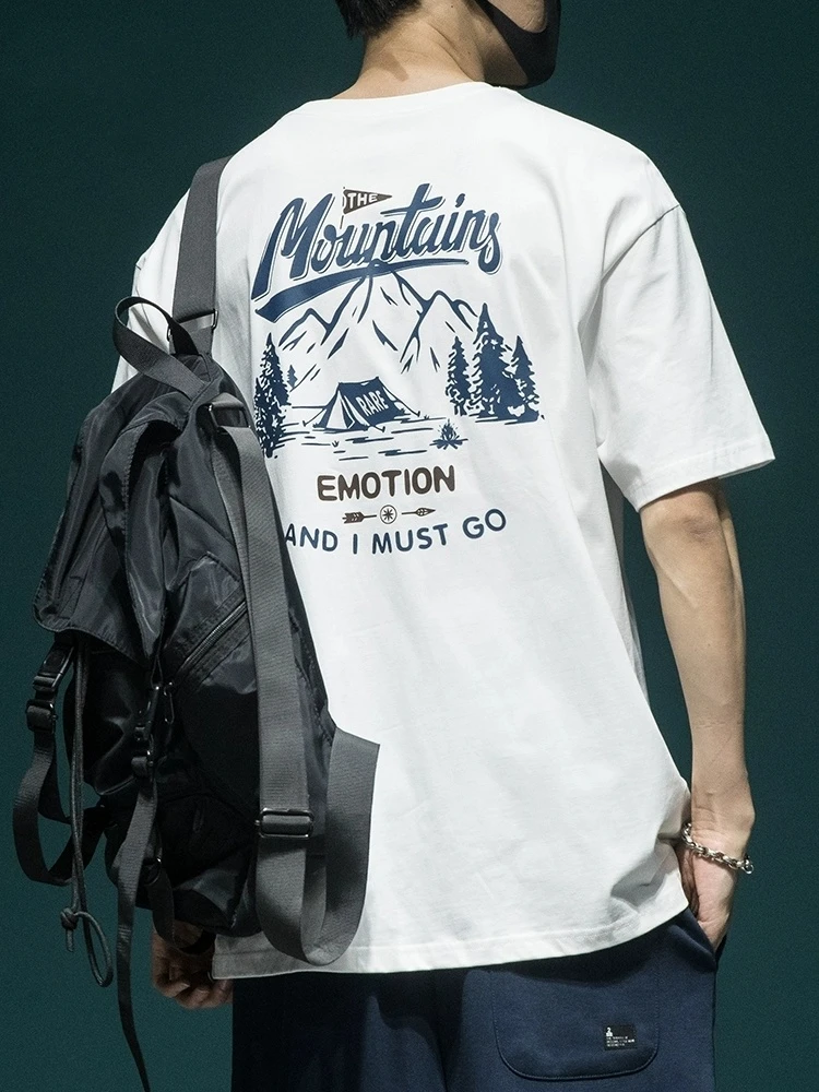 （100%纯棉）夏季短袖美式休闲宽松圆领潮流字母印花百搭T恤设计感