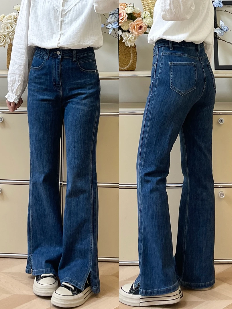 秋季2025新款微喇牛仔裤女微胖梨型身材女款高腰显瘦开叉喇叭裤