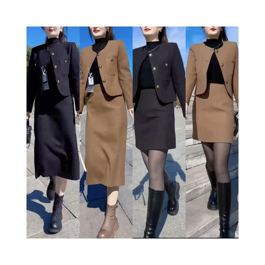 新款小香风套装裙女法式复古温柔系穿搭单排扣短外套半身裙两件套