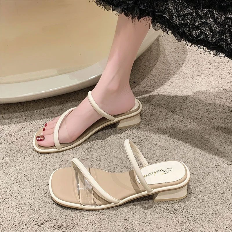 法式凉拖鞋夏季外穿新款爆款配裙子的软底透明中粗跟拖鞋夏季外穿