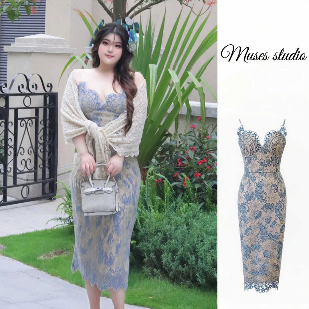 【青花瓷】气质优雅名媛绣花新中式国风蕾丝连衣裙女抓不住的魅力感
