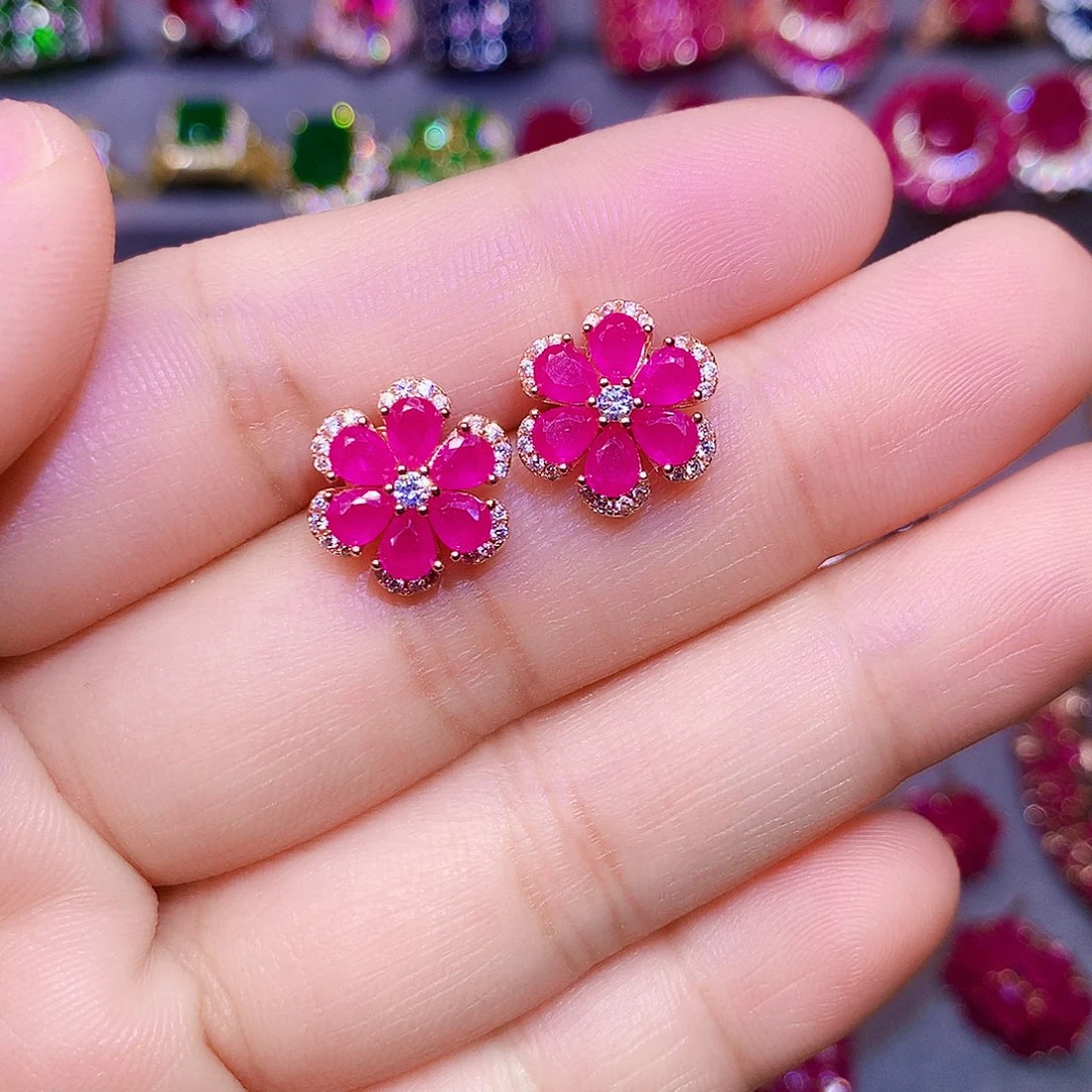 银S925镶嵌耳饰红宝石