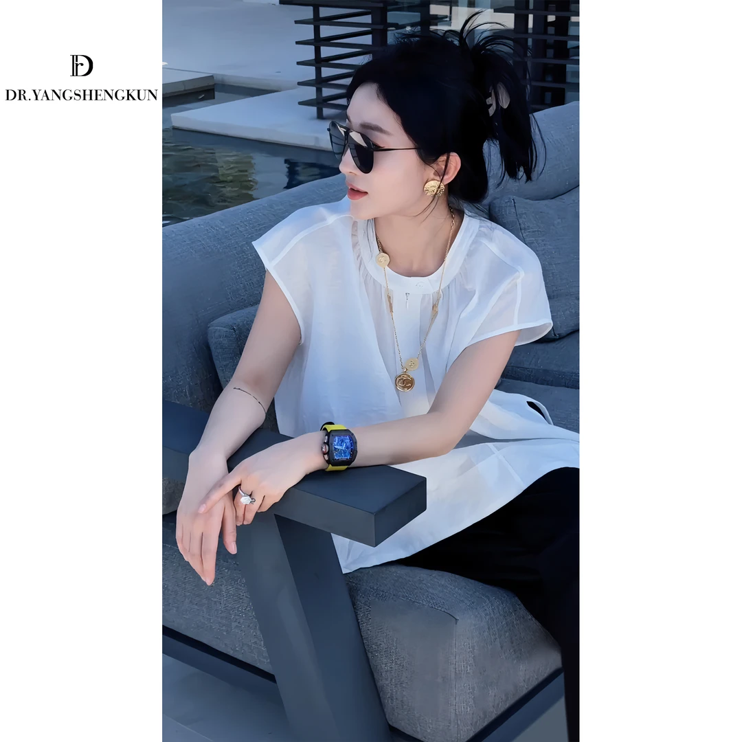 DR杨圣坤2025夏季宽松慵懒茧型上衣时尚开叉显瘦背心女B2503-1102