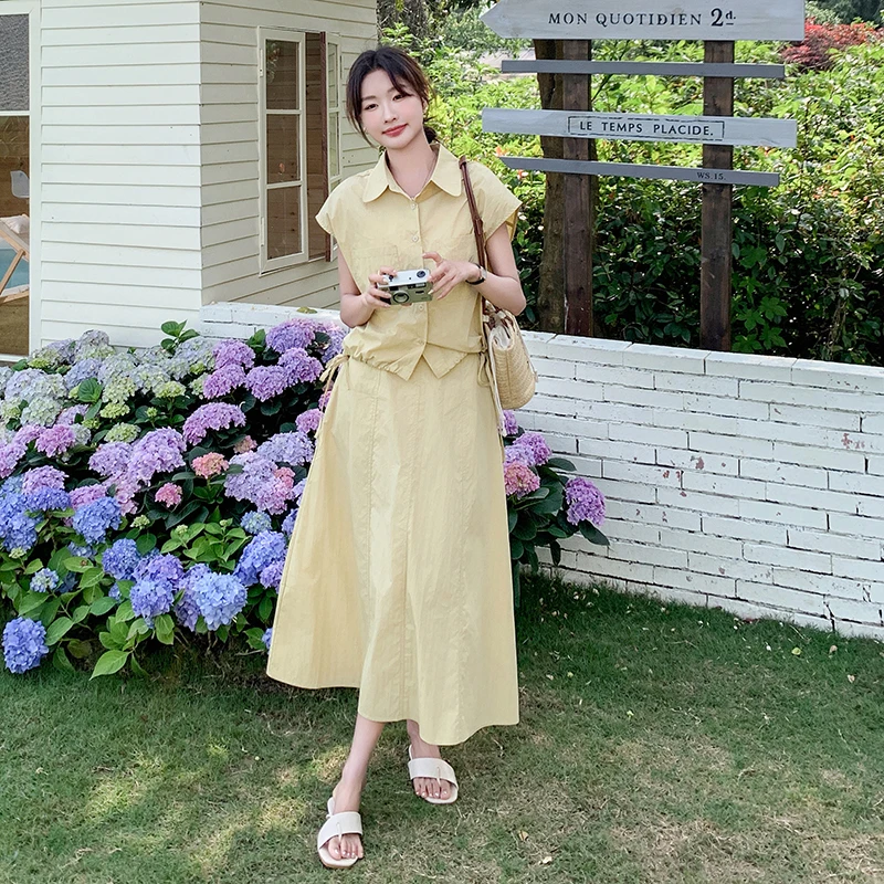 黄色休闲短袖衬衫套装裙女夏季2025新款今年流行漂亮半身裙两件套