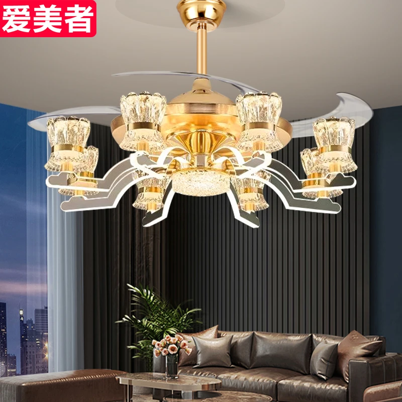 新款现代轻奢水晶客厅吊灯风扇灯变频大气餐厅灯电扇吊灯隐形