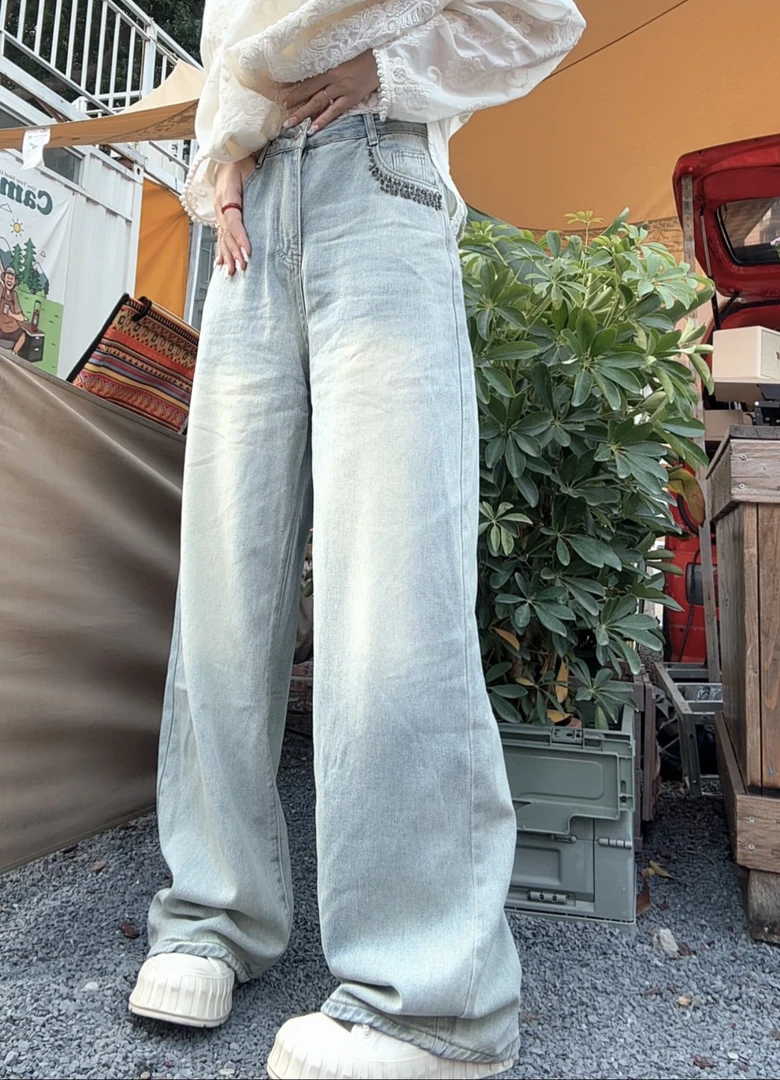 复古做旧水洗直筒牛仔裤宽松休闲长裤157