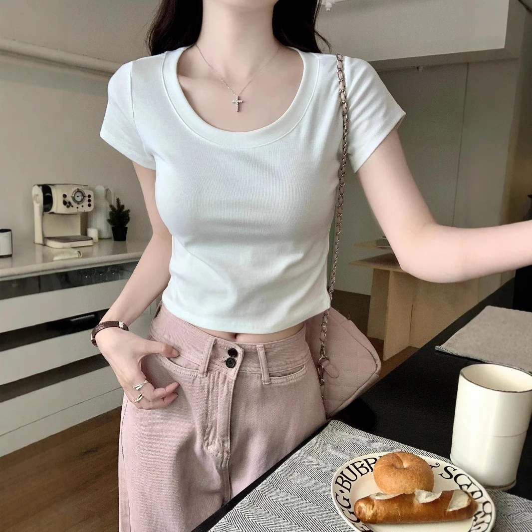 女款女上衣洋气短袖百搭短款小众设计感修身女韩版磨毛女士