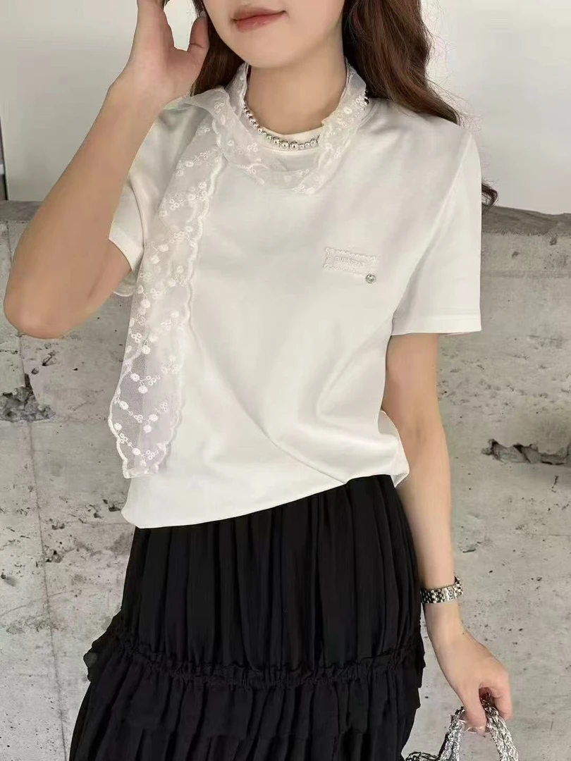 【铼】蕾丝丝巾短袖休闲女士打底夏季韩版设计感36059