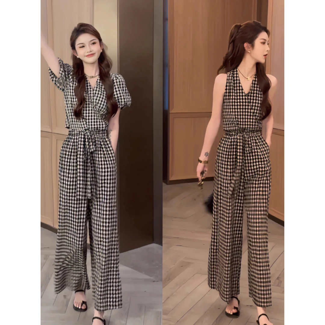 2025夏季新款设计感小众格子交叉上衣搭高腰休闲阔腿裤两件套女装