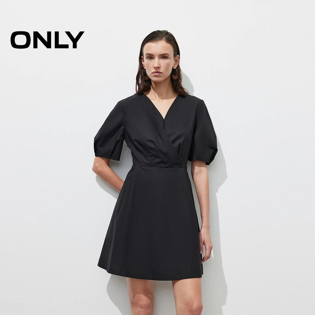 ONLY夏季V领泡泡袖收腰短裙连衣裙女慵懒风休闲设计感|125107061