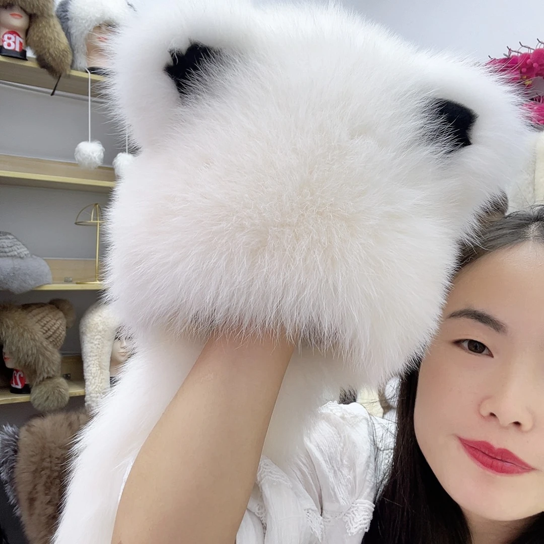 兔毛米白色狐狸毛小熊围巾帽