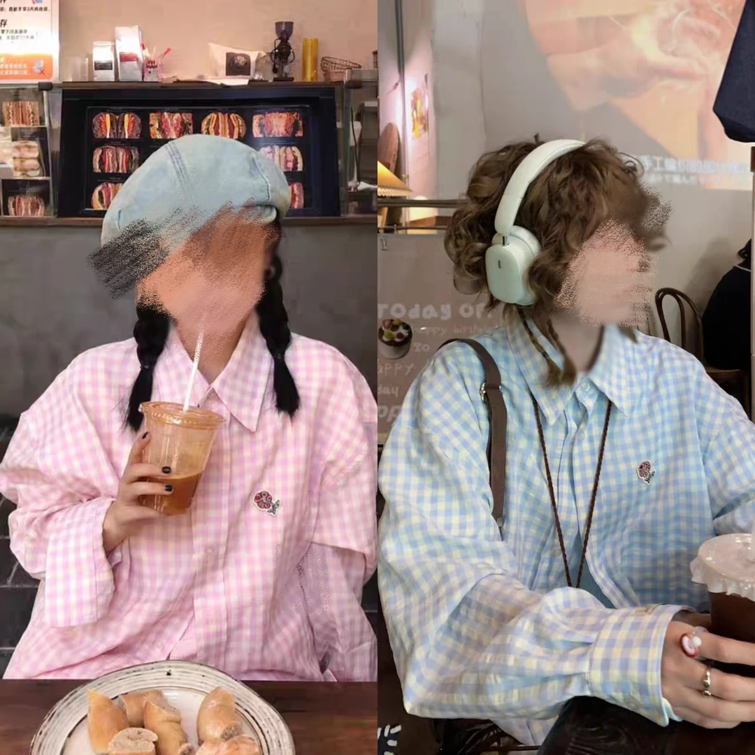 蓝粉色格纹小花刺绣衬衫女春新款小众欧若风设计感宽松甜长袖3355