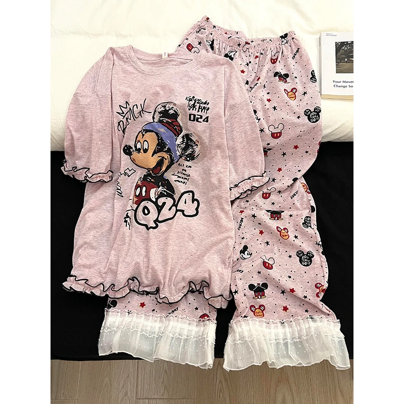 【波点米奇】韩系甜美休闲睡衣女夏季爆款短袖长裤家居服套装可外穿