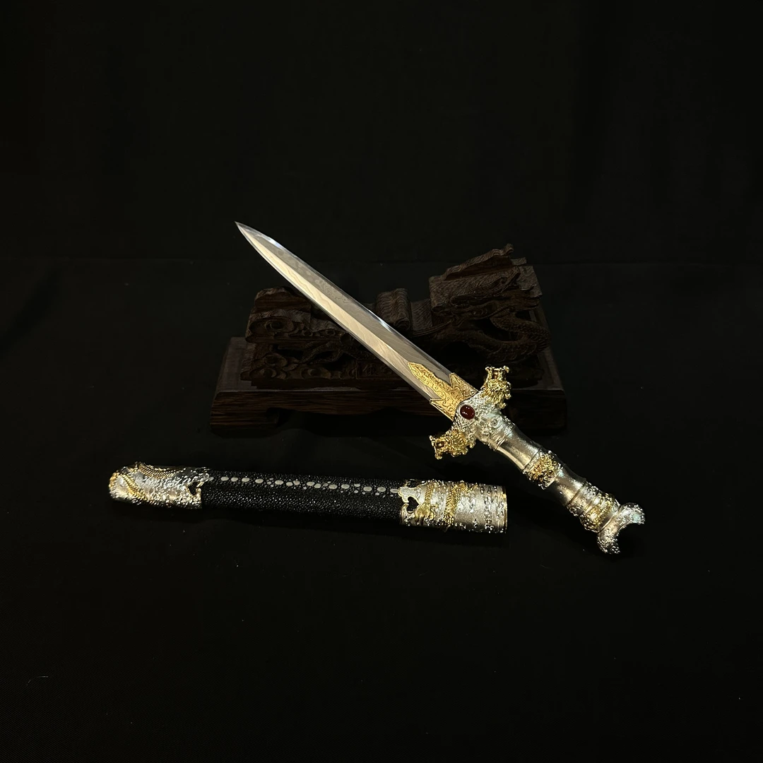 龙泉锻锋阁 神龙短剑 排珠鱼皮 双色鎏金鎏银 宝剑 未开刃