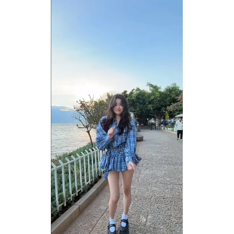 【蓝调甜欲】美式复古风蓬蓬裙套装女收腰显瘦格纹衬衫裙裤两件套