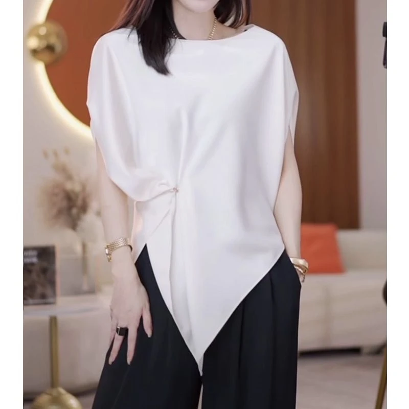 不规则蝙蝠短袖T恤女2024夏季新款设计感纯色宽松显瘦遮肉上衣潮