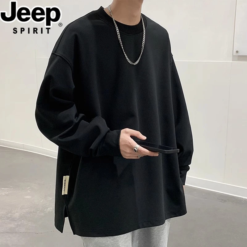 JEEPSPIRIT吉普长袖t恤男士春季宽松大码卫衣潮牌圆领纯色打底衫