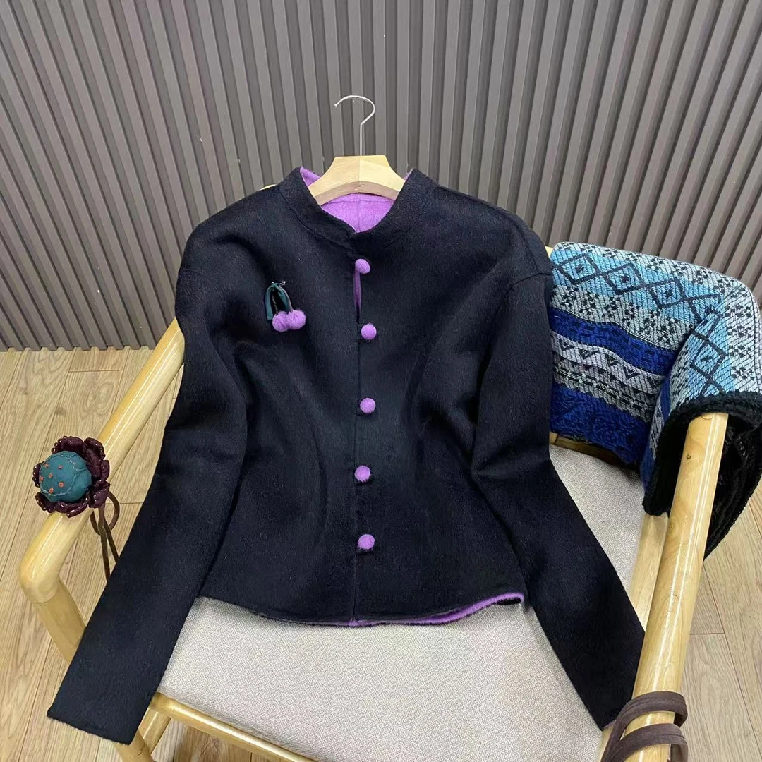 秋冬双面短款羊毛大衣新中式国风立领撞色樱桃毛呢外套女W2525